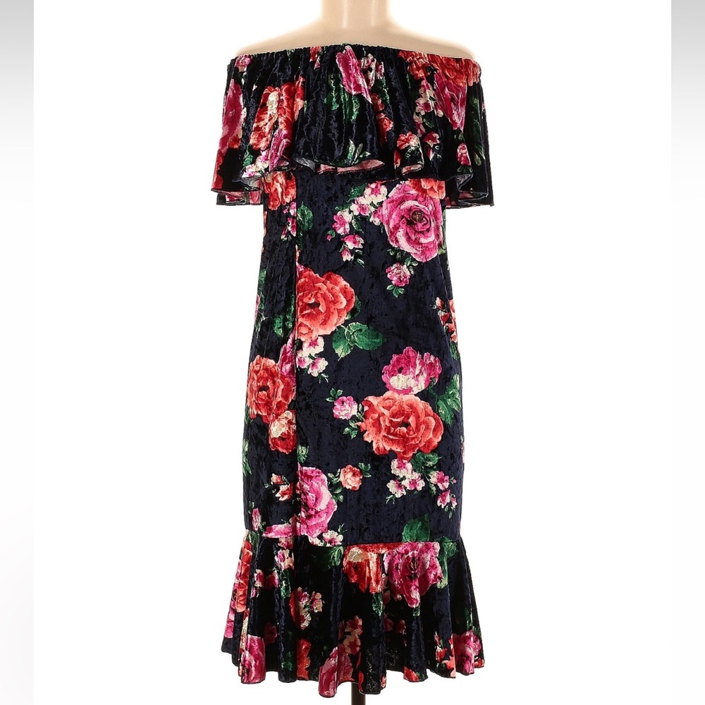 LuLaRoe CiCi Velvet Black Red Floral Ruffled Off-Shoulder Midi Dress Size Small